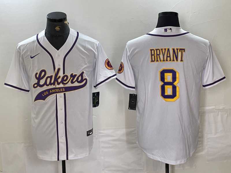 Mens Los Angeles Lakers #8 Kobe Bryant White Cool Base Stitched Baseball Jersey->los angeles lakers->NBA Jersey